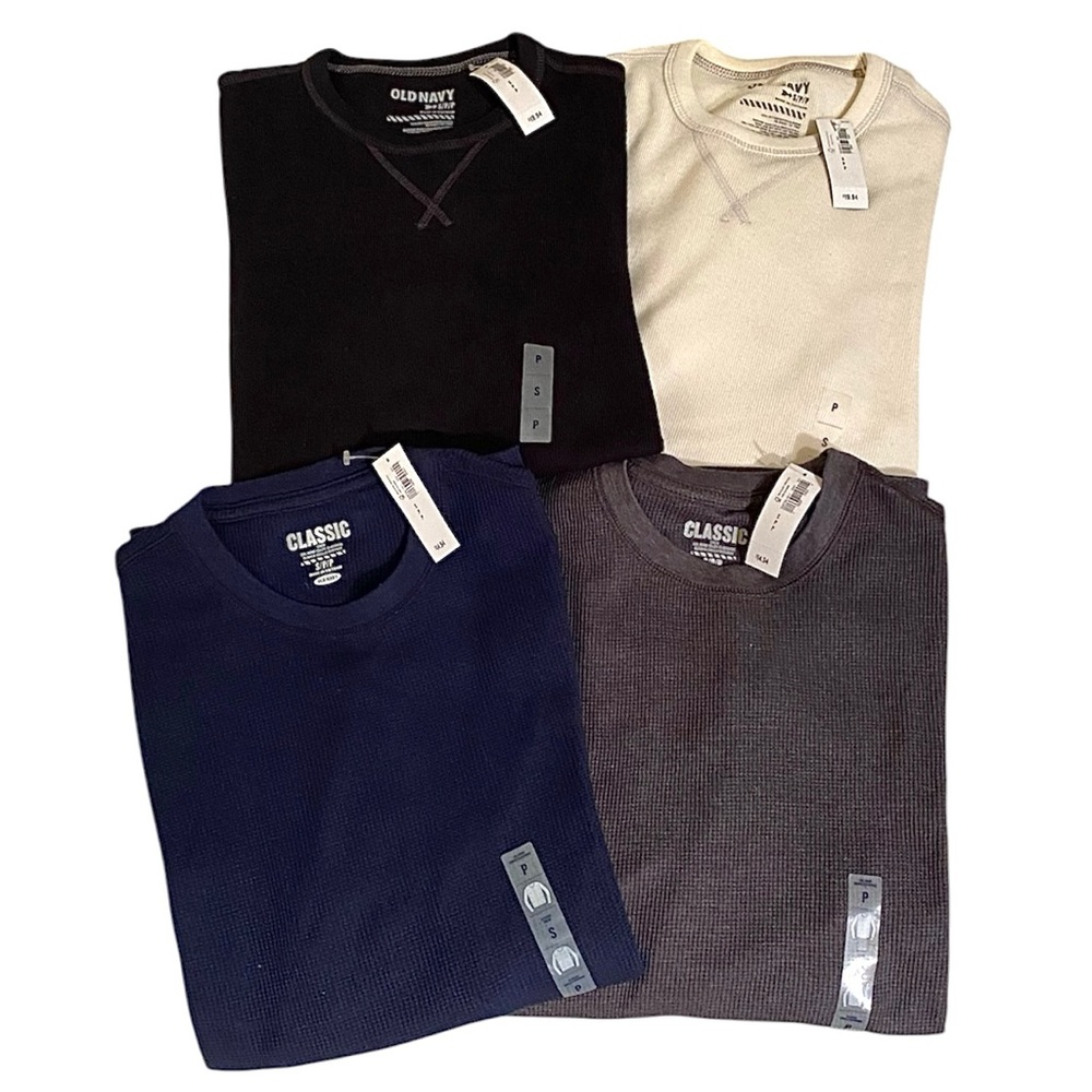 MENS 4 OLD NAVY COZY THERMAL LONG SLEEVE TOPS, SIZE SM, BLACK, CREAM, GRAY, NAVY